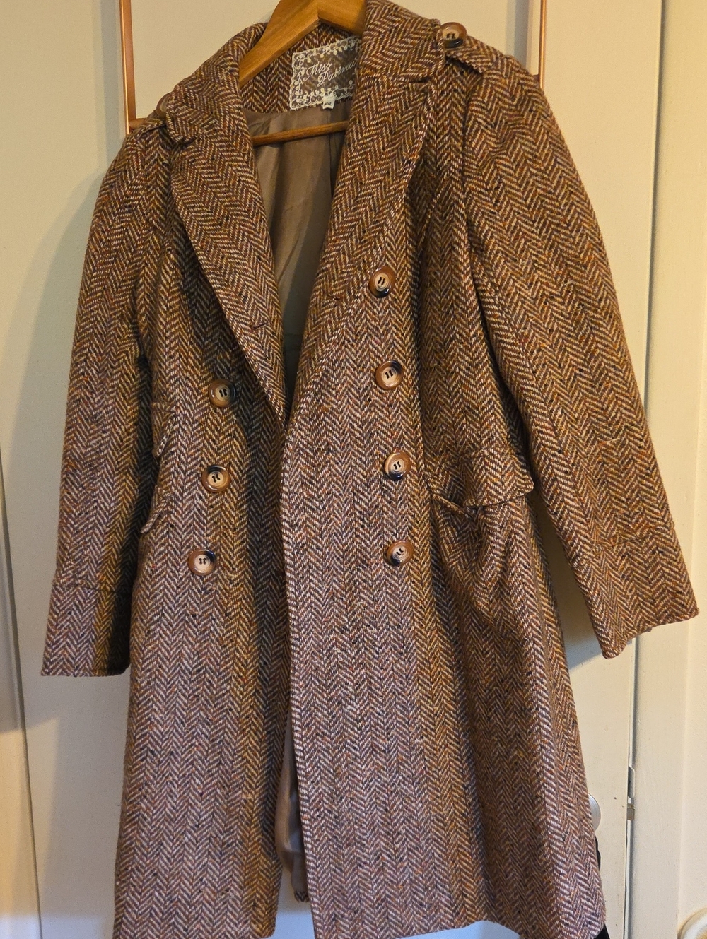 Miss Patina Women's Brown Herringbone Double-Breasted Wool Coat